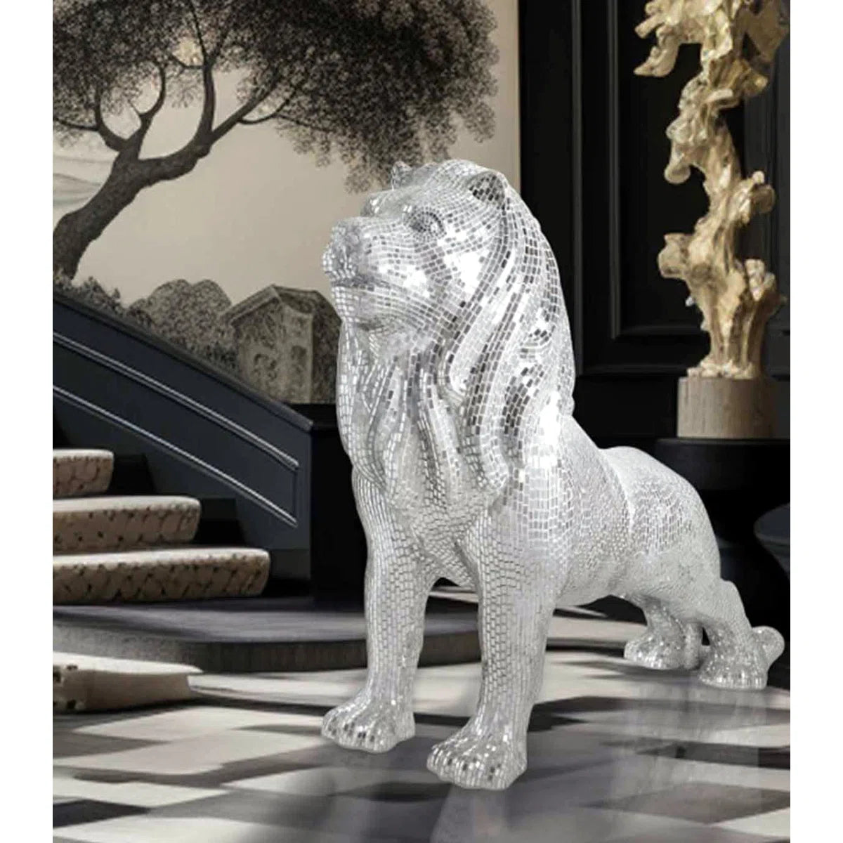Lion Statue With mirrored Diamond Exterio
