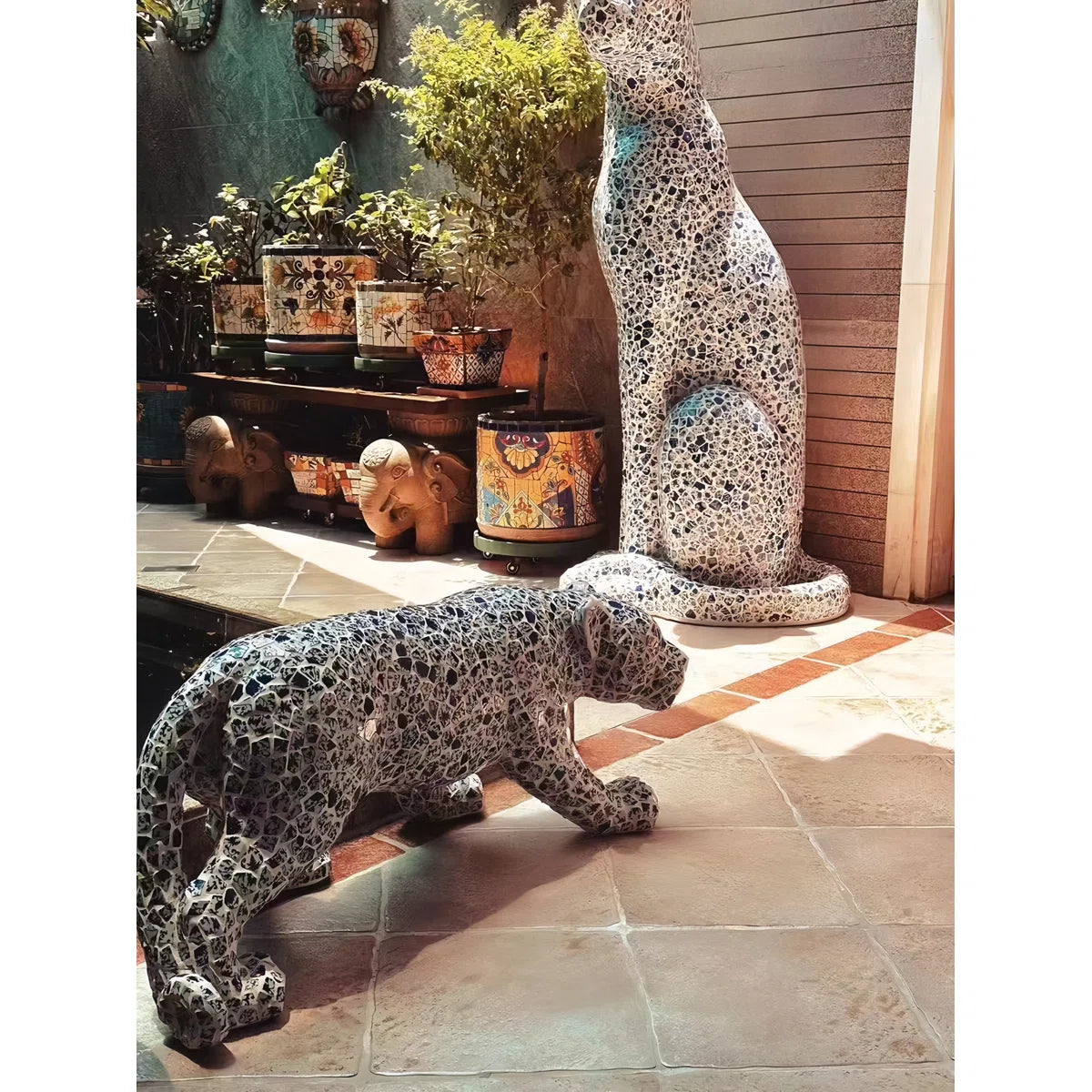 59.5"H Standed Jaguar Statue With Blue & White Porcelain Fragment Mosaic Exterior High