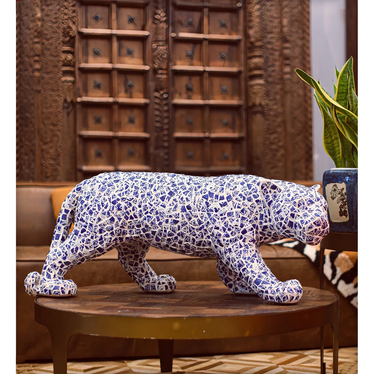 59.5"H Standed Jaguar Statue With Blue & White Porcelain Fragment Mosaic Exterior High