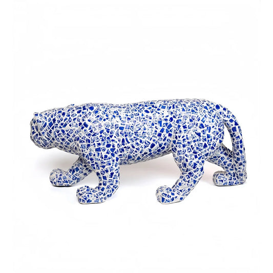 59.5"H Standed Jaguar Statue With Blue & White Porcelain Fragment Mosaic Exterior High