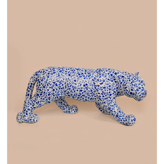 59.5"H Standed Jaguar Statue With Blue & White Porcelain Fragment Mosaic Exterior High