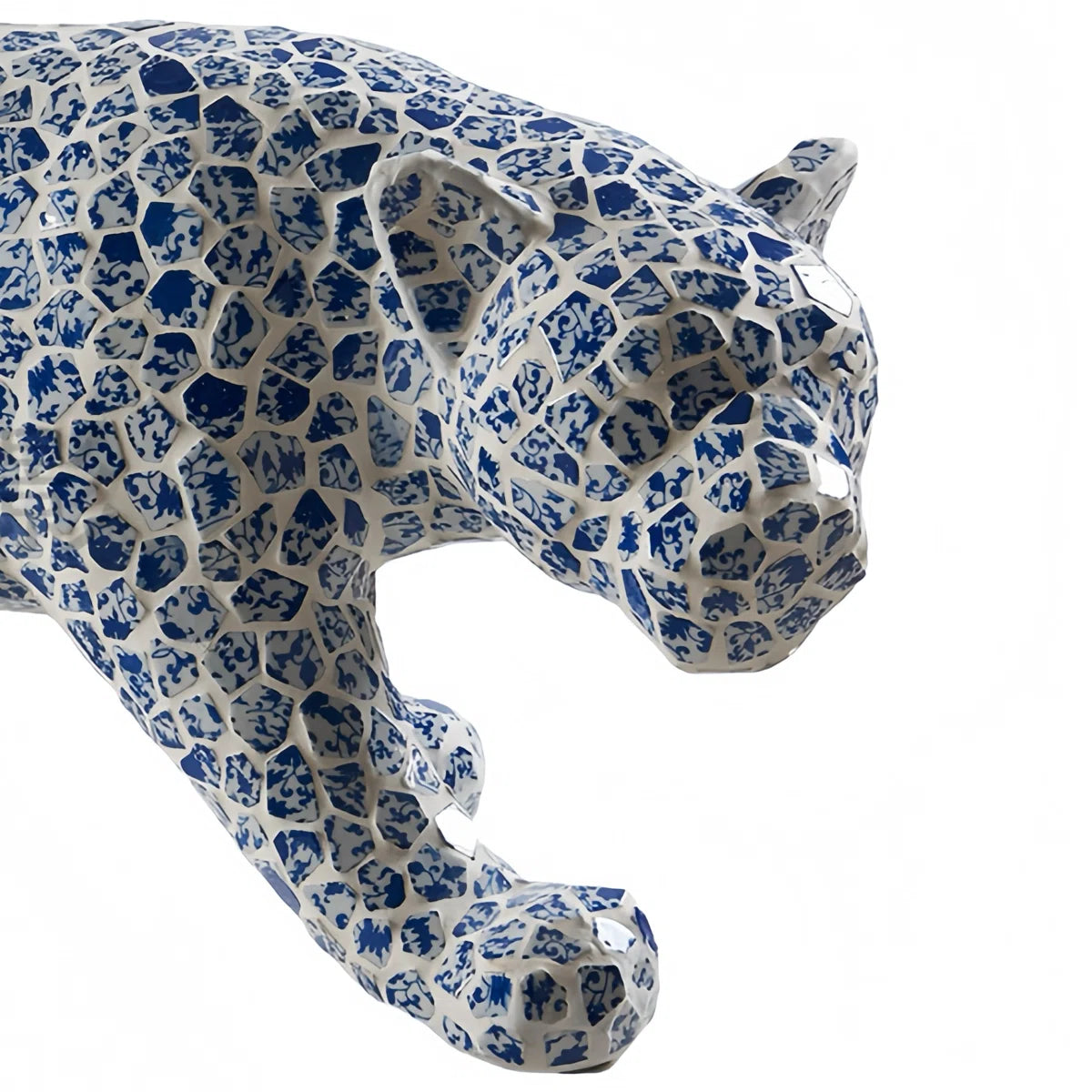59.5"H Standed Jaguar Statue With Blue & White Porcelain Fragment Mosaic Exterior High