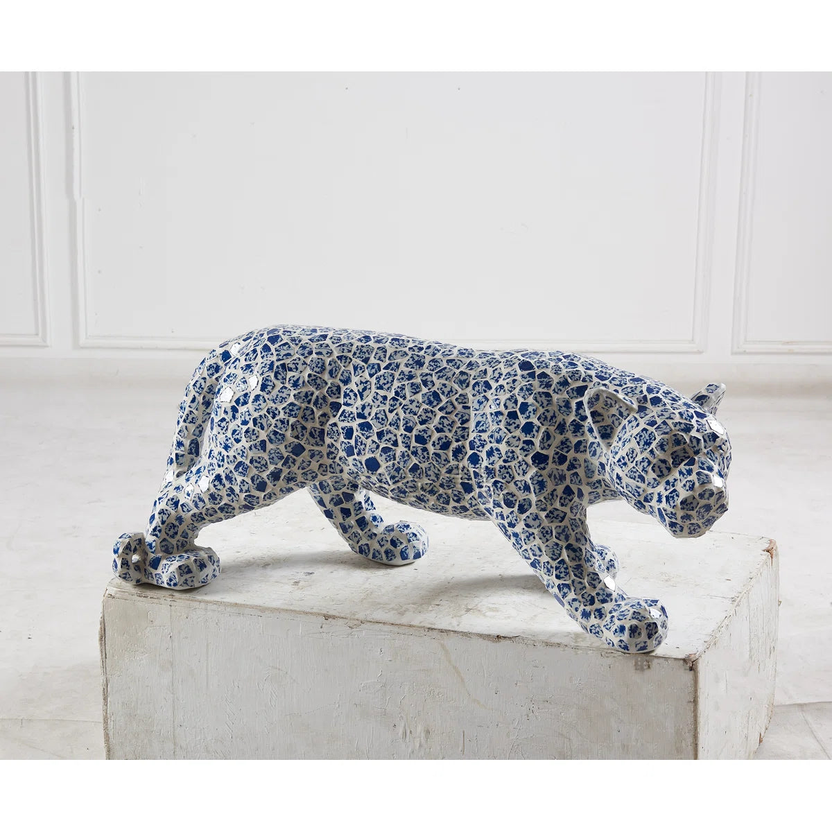 59.5"H Standed Jaguar Statue With Blue & White Porcelain Fragment Mosaic Exterior High