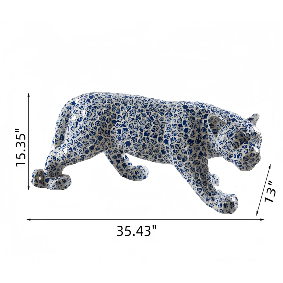 59.5"H Standed Jaguar Statue With Blue & White Porcelain Fragment Mosaic Exterior High